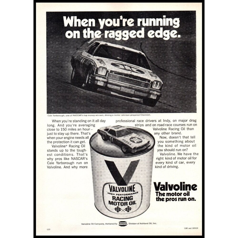 1974 Valvoline Racing Motor Oil Vintage Print Ad Cale Yarborough NASCAR Wall Art